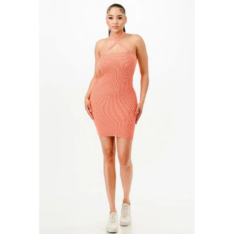 Sleeveless Peach Halter Neck Bodycon Dress