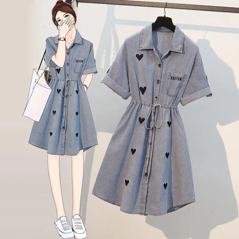 Plus Size Hearts Denim Shirt Dress