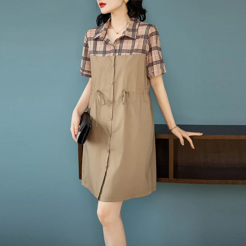 Plus Size Khaki Checks Colour Block Shirt Dress