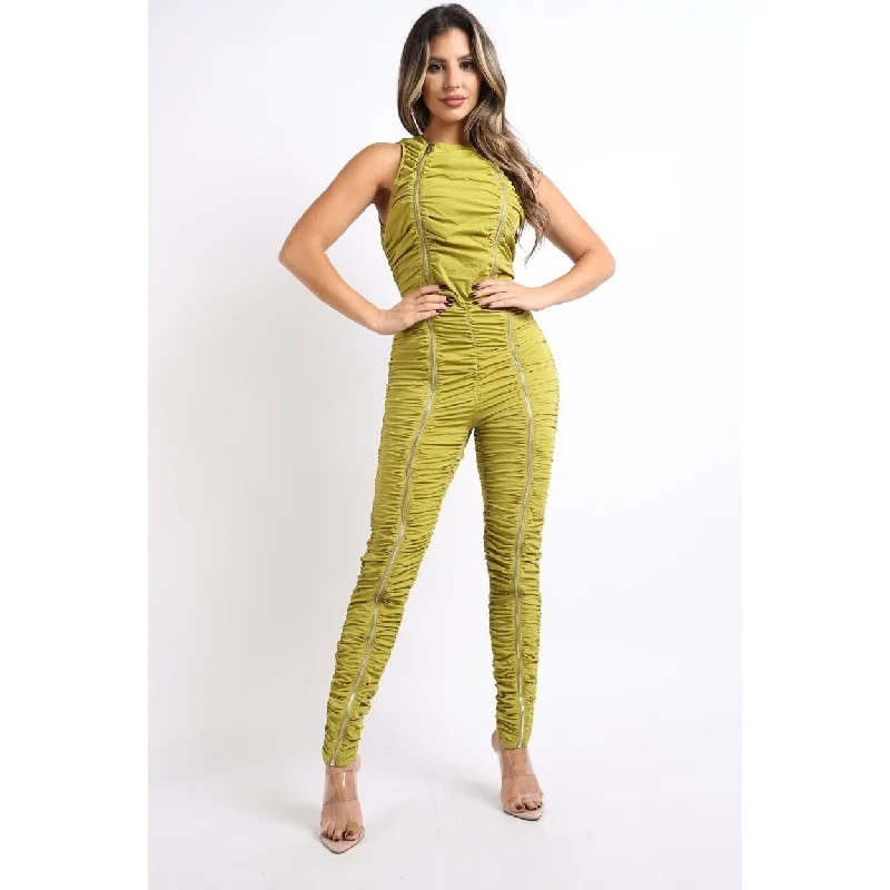 Track Zipper Ruched Jumpsuit Ruffle Dress Bodycon Jumpsuit Chartreuse