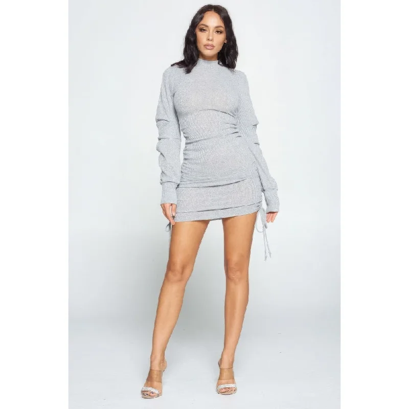 Solid Color Mock Neck Mini Bodycon Dress with Drawstring and Long Sleeves