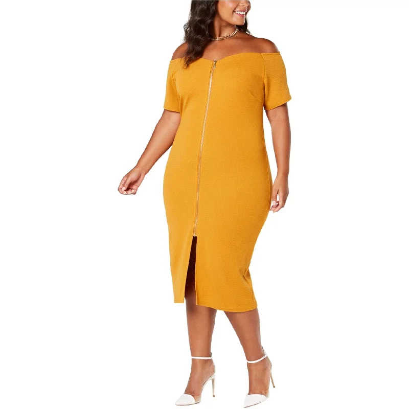 Planet Gold Womens Zip Front Bodycon Dress, Yellow, 1X