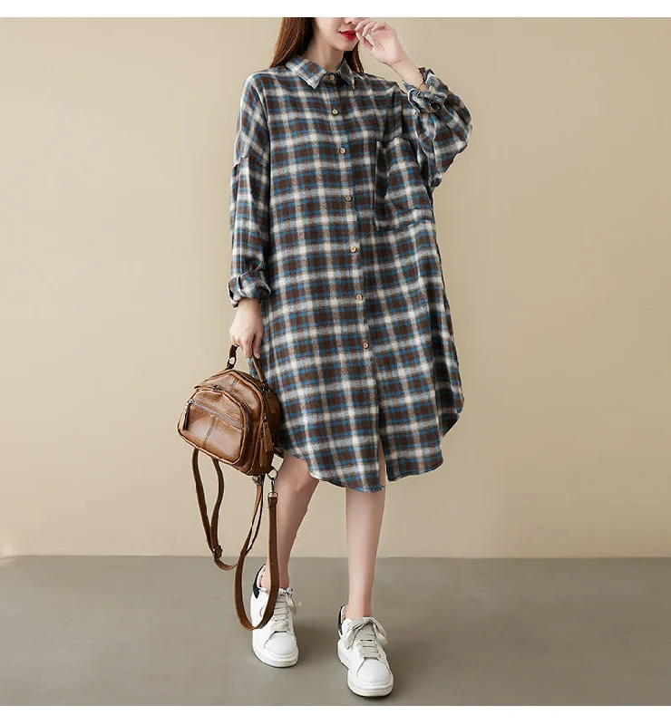 Plus Size Plaid Curve Hem Shirt Dress