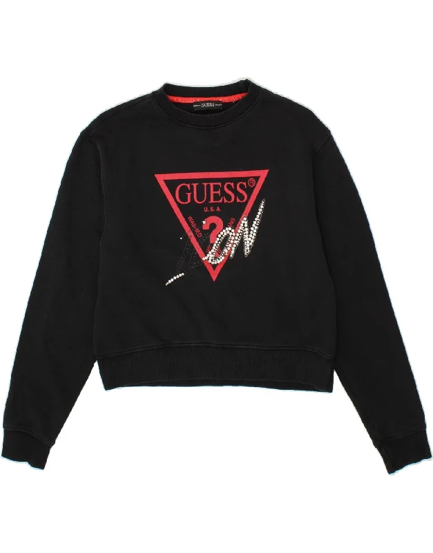 GUESS Womens Graphic Crop Sweatshirt Jumper UK 10 Small Black Cotton