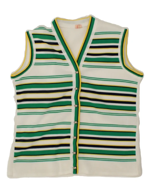 VINTAGE Womens Sleeveless Cardigan Sweater UK 12 Medium White Striped