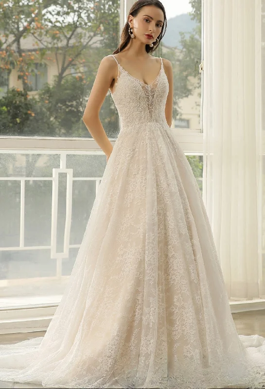 Beaded Lace A-line Wedding Dress With Spaghetti Straps