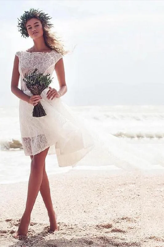 Boho Sleeveless Hi-Lo A-line Bateau Lace Beach Wedding Dress