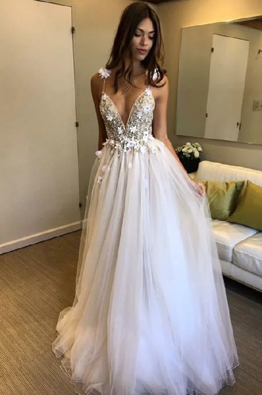 Deep V Neck Beads Prom Dresses Straps Tulle Appliques A-line Beach Wedding Dress WK667