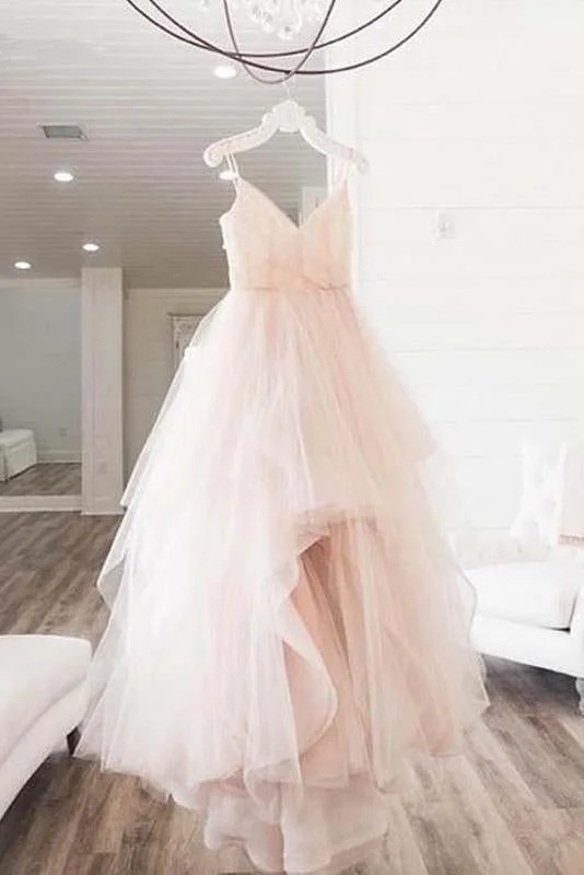 Elegant A Line Spaghetti Straps V Neck Tulle Pink Backless Long Prom Dresses WK35