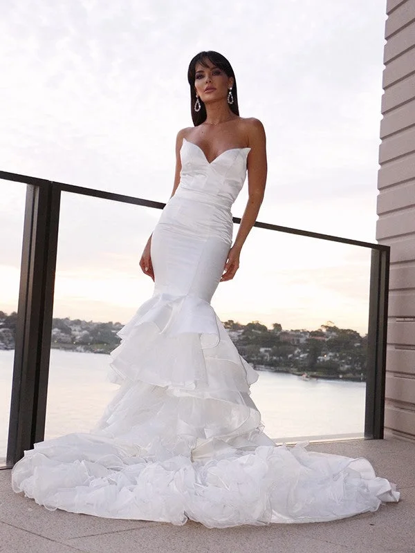 Trumpet/Mermaid Satin Sweetheart Sleeveless Layers Sweep/Brush Train Wedding Dresses TPP0006372