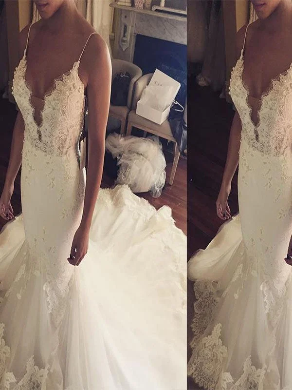 Trumpet/Mermaid Spaghetti Straps Court Train Lace Tulle Sleeveless Wedding Dresses TPP0006356