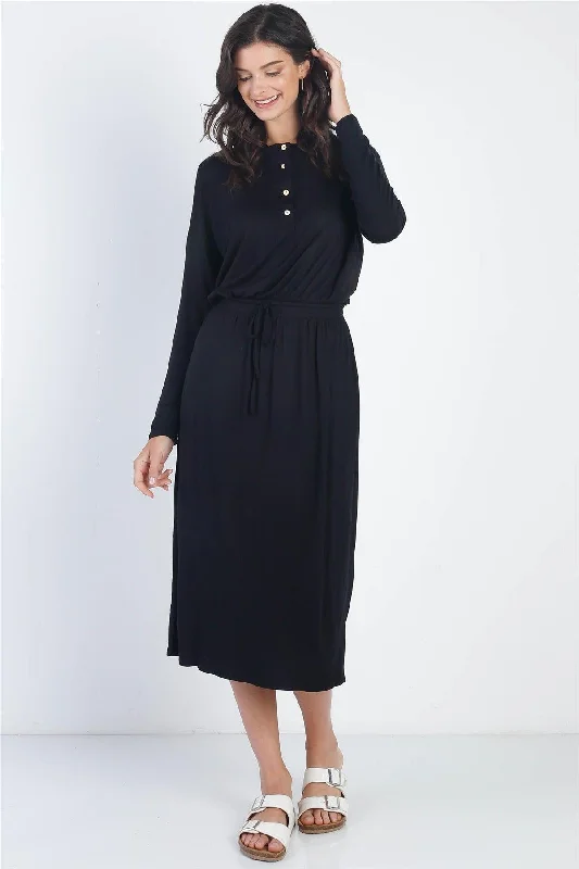 Black Button Up Neck Detail Fitted Waist Midi Dress /1-2