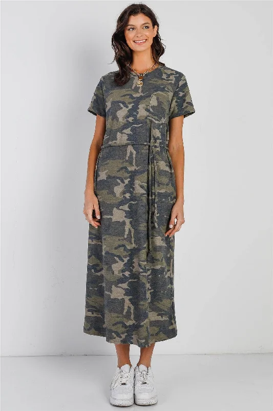 Dark Camo Self-Tie Belted Short Sleeve Midi Dress