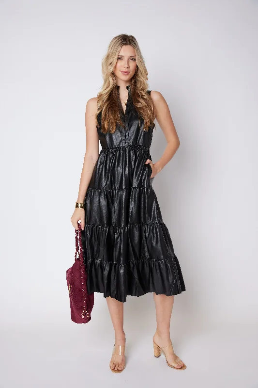 Villa Faux Leather Tiered Midi Dress