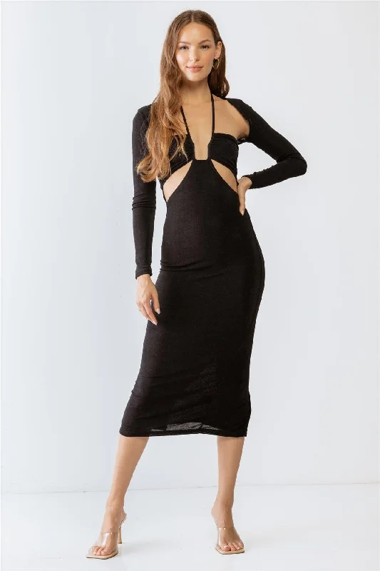 Black Cut-Out Sleeveless Midi Dress & Open Front Long Sleeve Cover-Up Set /3-2-1