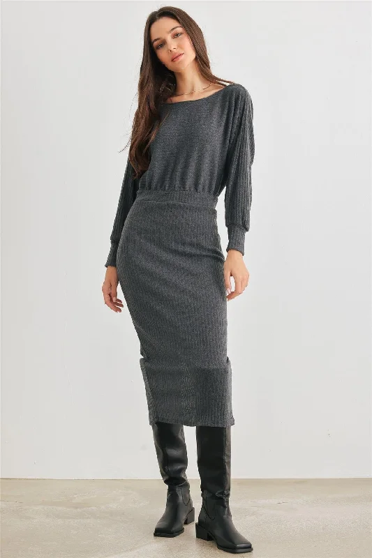 Dark Olive Ribbed Knit Cut-Out Back Long Sleeve Midi Dress /2-2-2