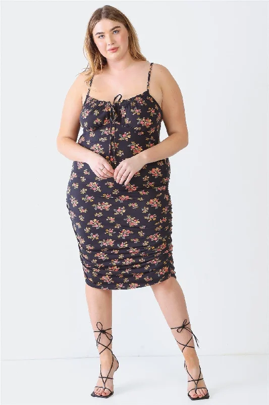 Plus Size Black Floral Print Ruched Midi Dress