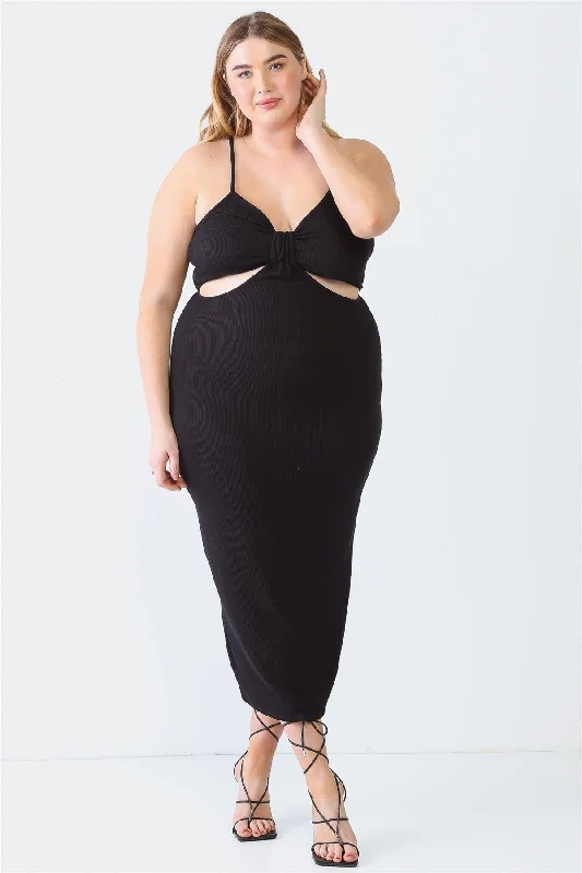 Plus Size Black Ribbed Bow Cut-Out Strappy Midi Dress /1-1-1