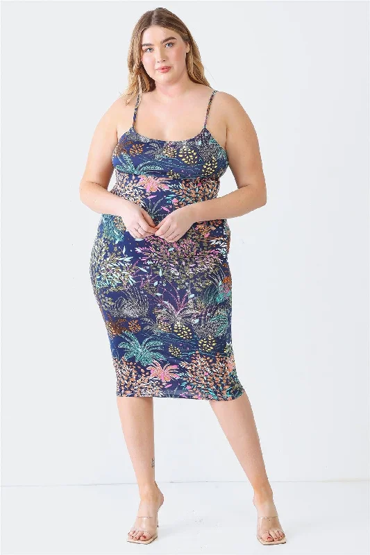 Junior Plus Navy Flower Print Strappy Midi Dress /1-1-1