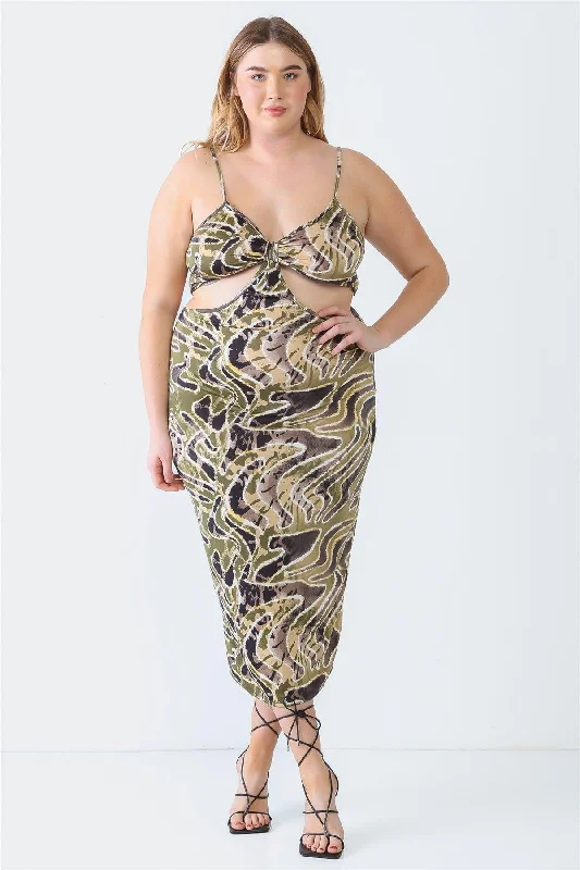 Olive Plus Size Printed Bow Cut-Out Sleeveless  Midi Dress