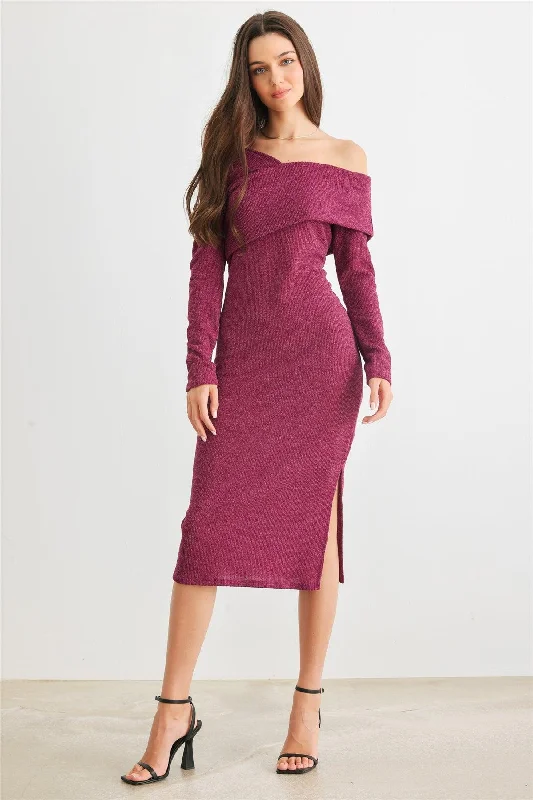 Magenta Knit Cold Shoulder Long Sleeve Collar Neck Midi Dress /2-2-2