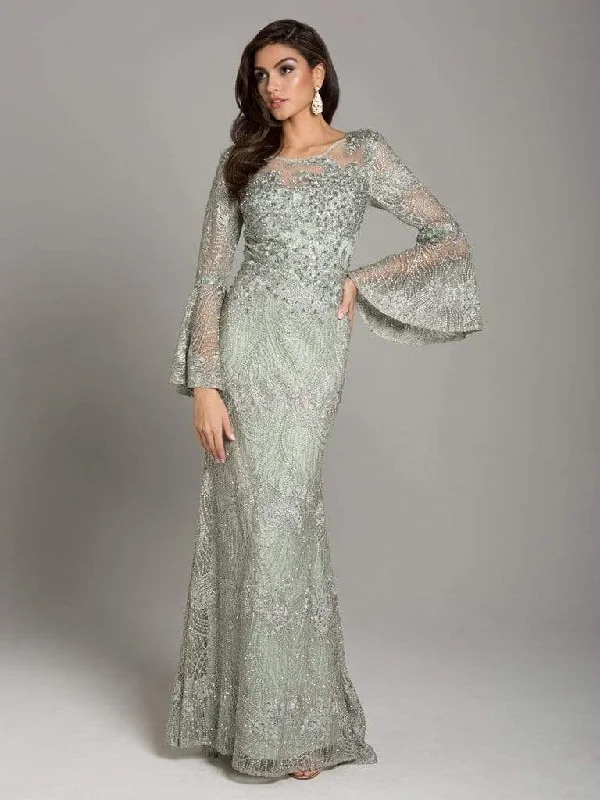 Lara Dresses - Embellished Lace Mermaid Gown with Bell Sleeves 29887