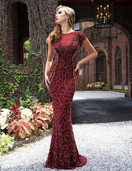 Primavera Couture - Bead Embellished Fitted Evening Gown 3190 - 1 pc Burgundy In Size 20 Available