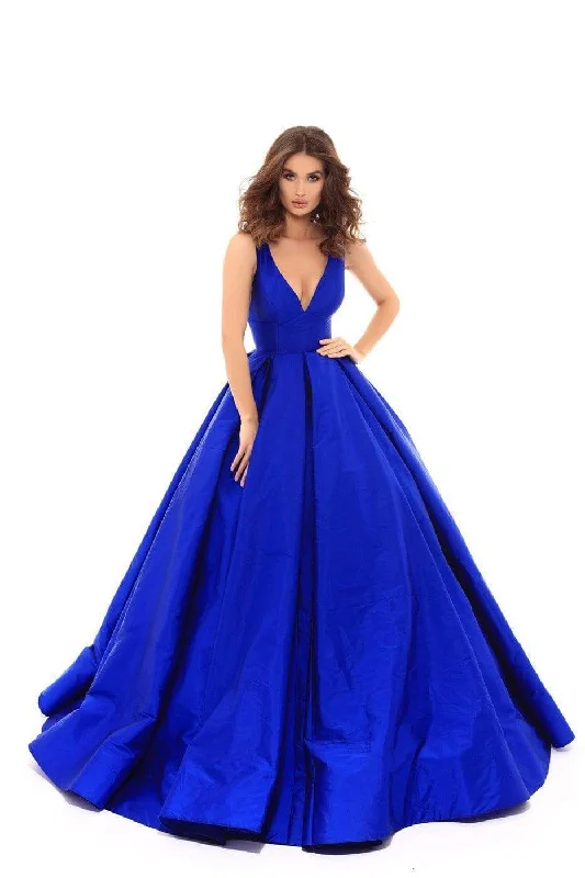 Tarik Ediz - Sleeveless V-Neck Taffeta Ballgown 50402 - 1 pc Royal Blue In Size 14 Available