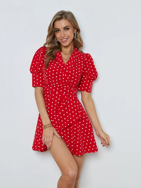 KittenAlarm - Polka Dots Puff Sleeve Ruffled Dress