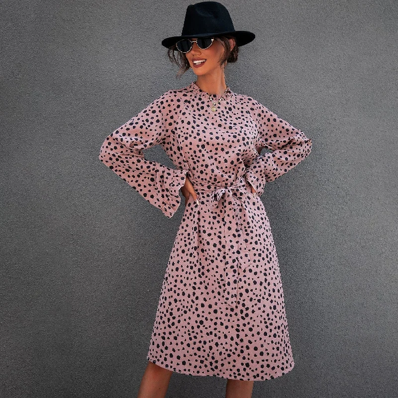 KittenAlarm - All Over Leopard Print Flounce Sleeve Belted Dress