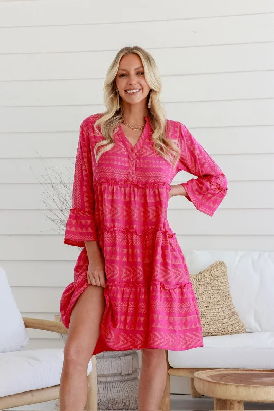 Artisan Hand Loom Cotton Jacquard Dress - Hot Pink/Orange