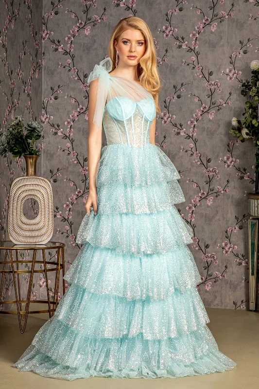 Glitter One Shoulder Tiered Ruffled Gown by GLS Gloria GL3454