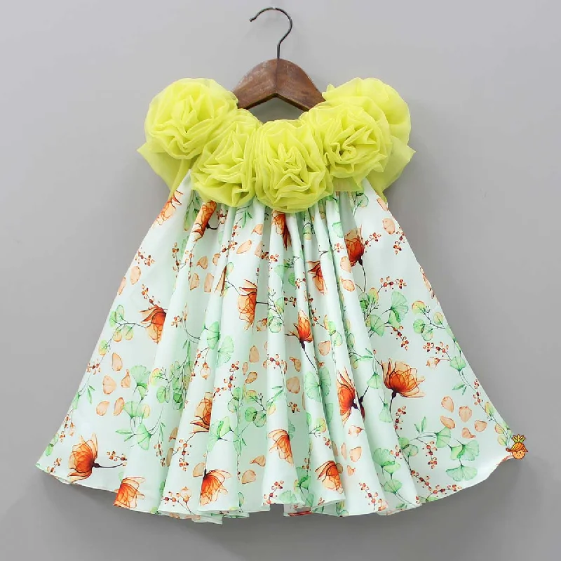 Lime Green Floral Printed Rose Flowers Adorned Dress