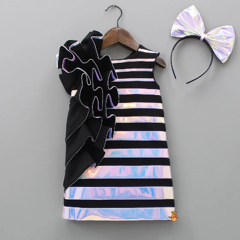 Pre Order: Black Holographic Ruffle Dress With Bow Hair band