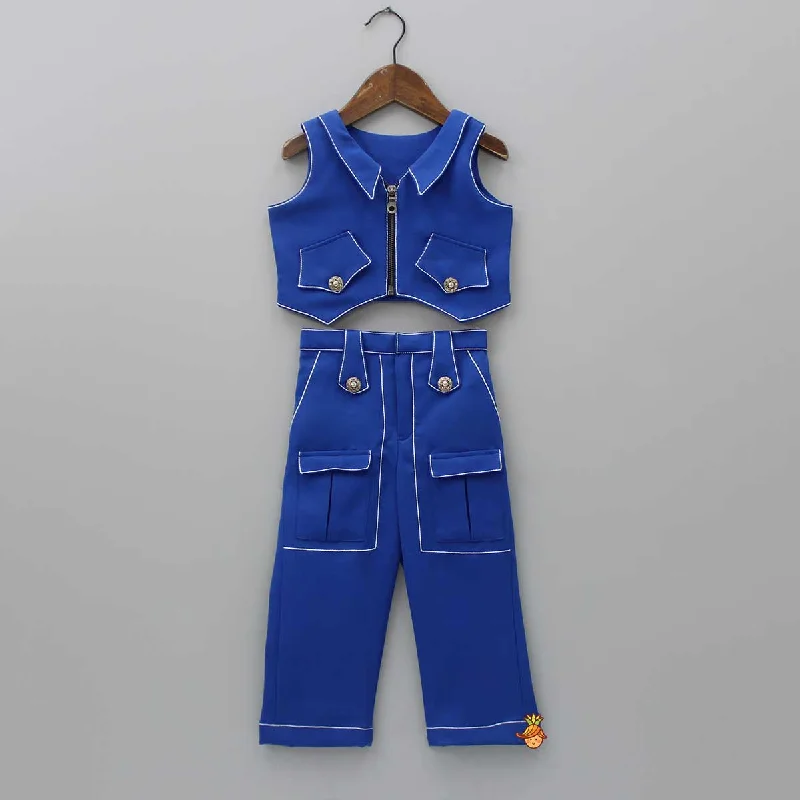 Pre Order: Collar Neck Blue Top And Pocket Detail Pant