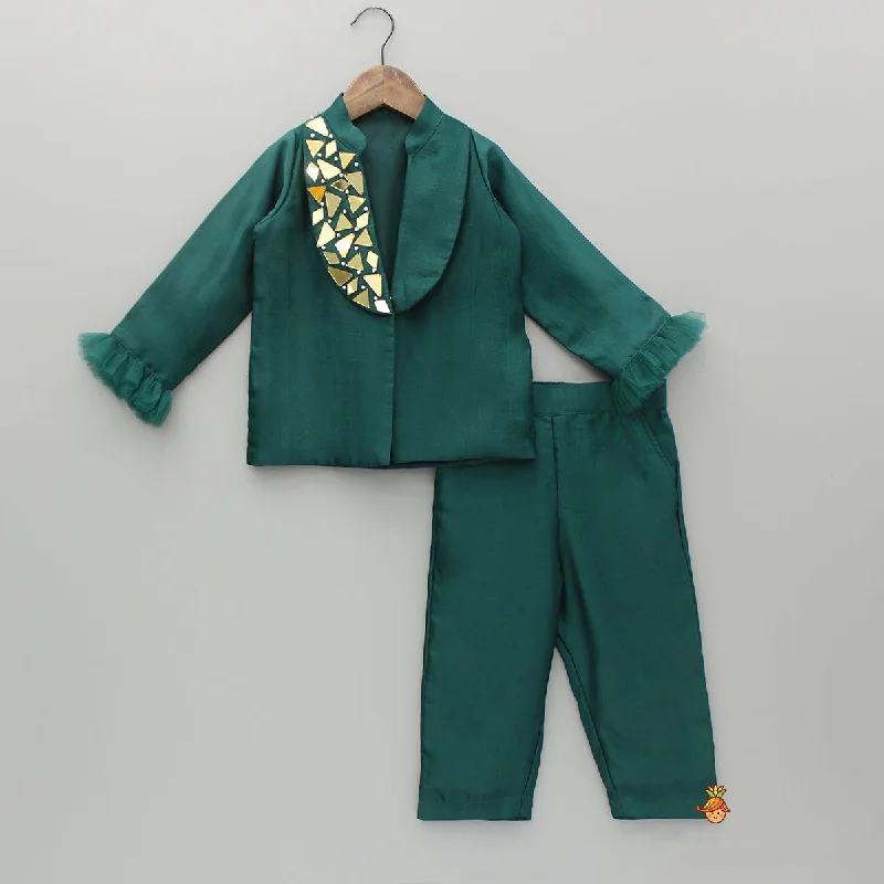 Pre Order: Embellished Green Blazer Style Top With Pant