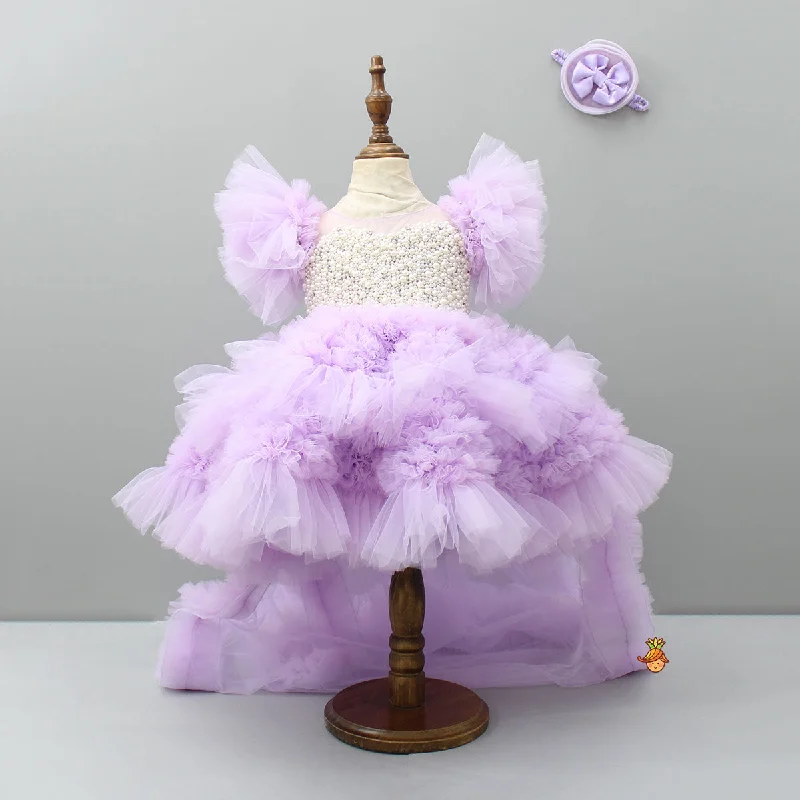 Pre Order: Embellished Layered Lilac Dress With Detachable Trail And Bow With Swirled Bowie Headband