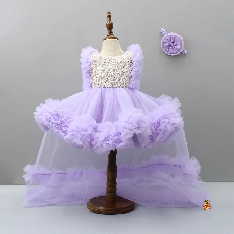 Pre Order: Embroidered Yoke Ruffle Hem Lavender Dress With Detachable Trail And Matching Head Band