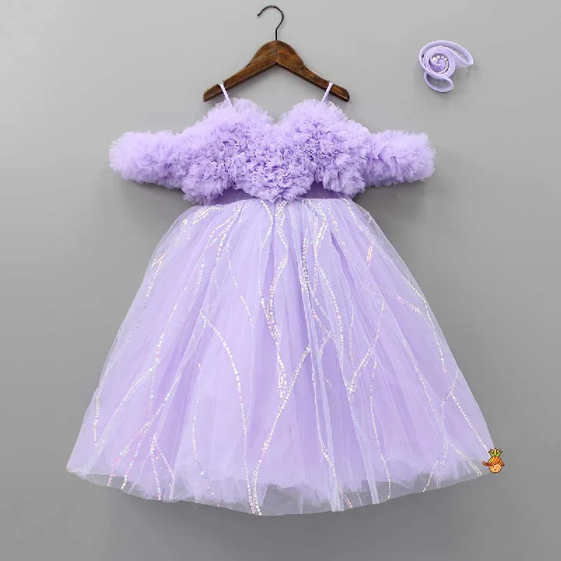 Pre Order: Exquisite Ruffled Lavender Gown With Matching Hair Clip