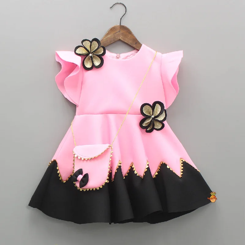 Pre Order: Flower Embellished Pink Dress With Sling Bag