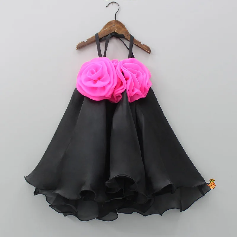 Pre Order: Flower Enhanced Halter Neck Flared Black Dress