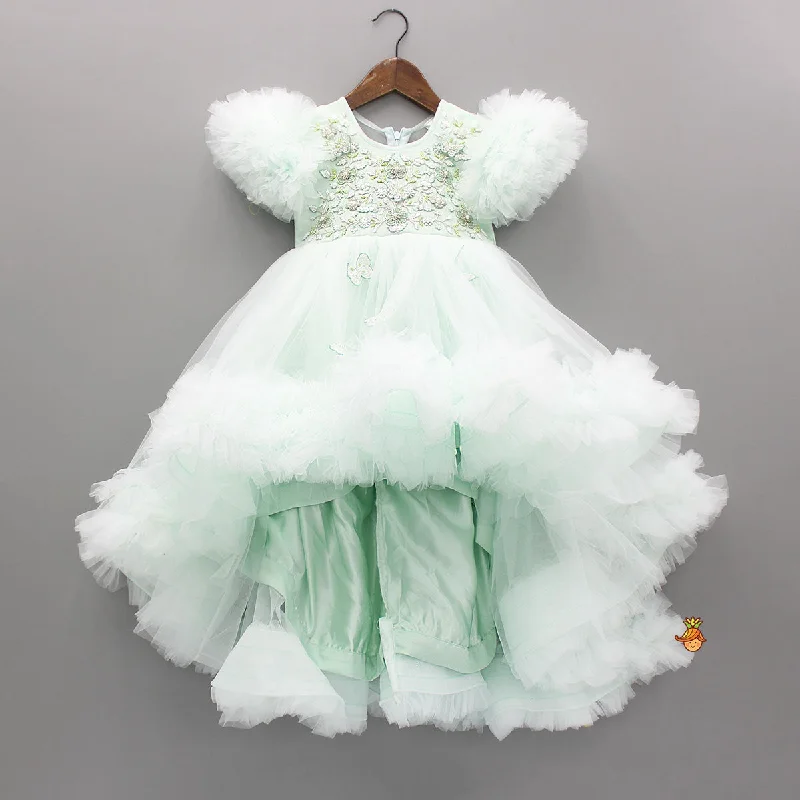 Pre Order: Green High Low Dress With Butterflies Embellished And Detachable Bow