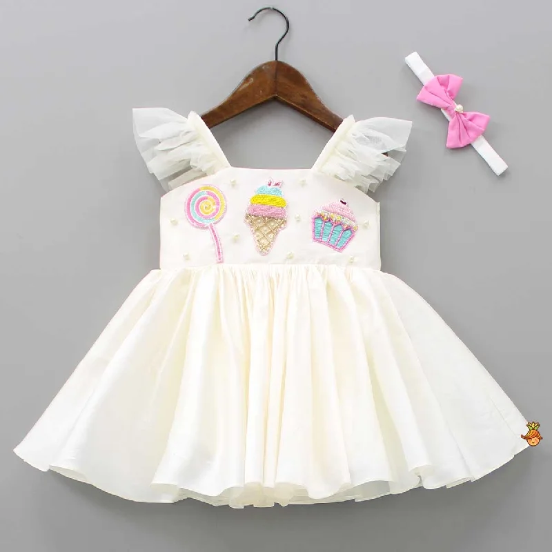 Pre Order: Off White Candies Embroidered Dress With Contrasting Pink Head Band