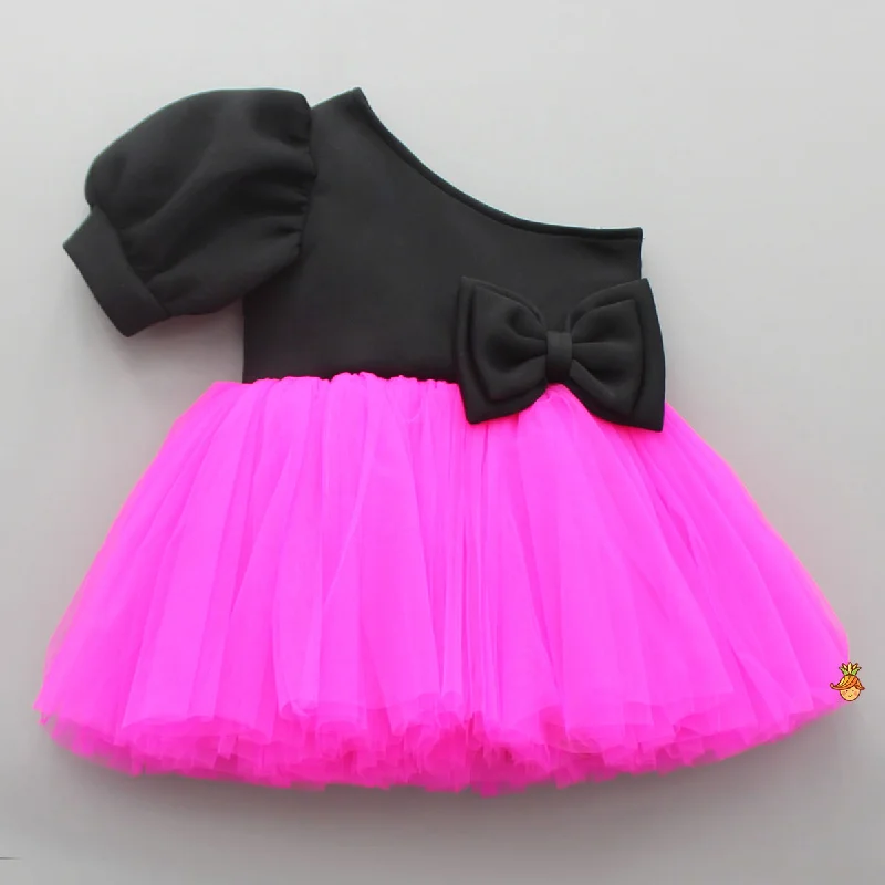 Pre Order: One Shoulder Bow Enhanced Pink And Black Net Dress