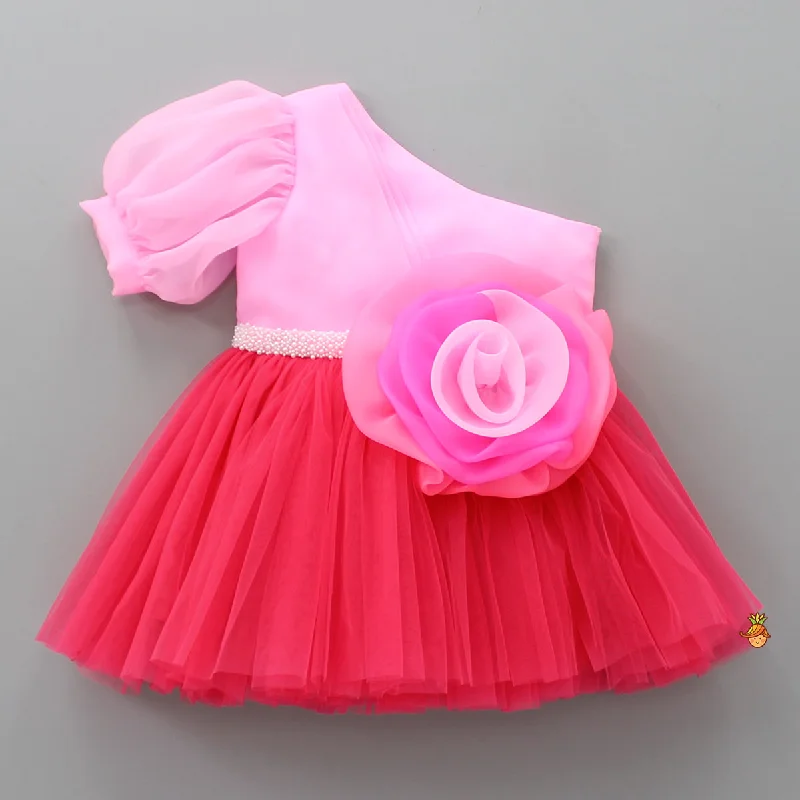 Pre Order: One Shoulder Swirled Flower Enhanced Flared Pink And Red Dress