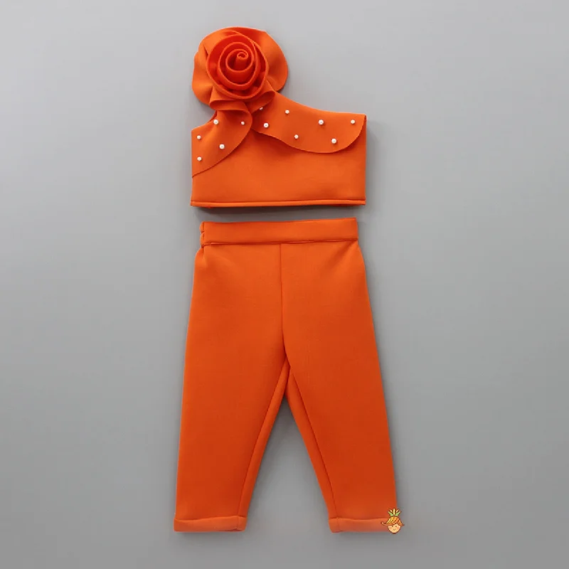 Pre Order: Orange Rose One Shoulder Crop Top and Matching Pant