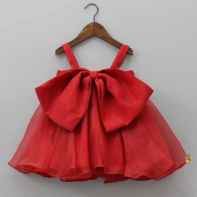 Pre Order: Oversized Bow Organza Red Strappy Dress