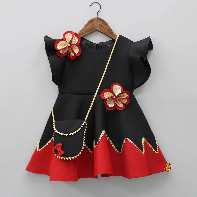 Pre Order: Pearly Flower Embellished Black Fancy Dress With Sling Bag