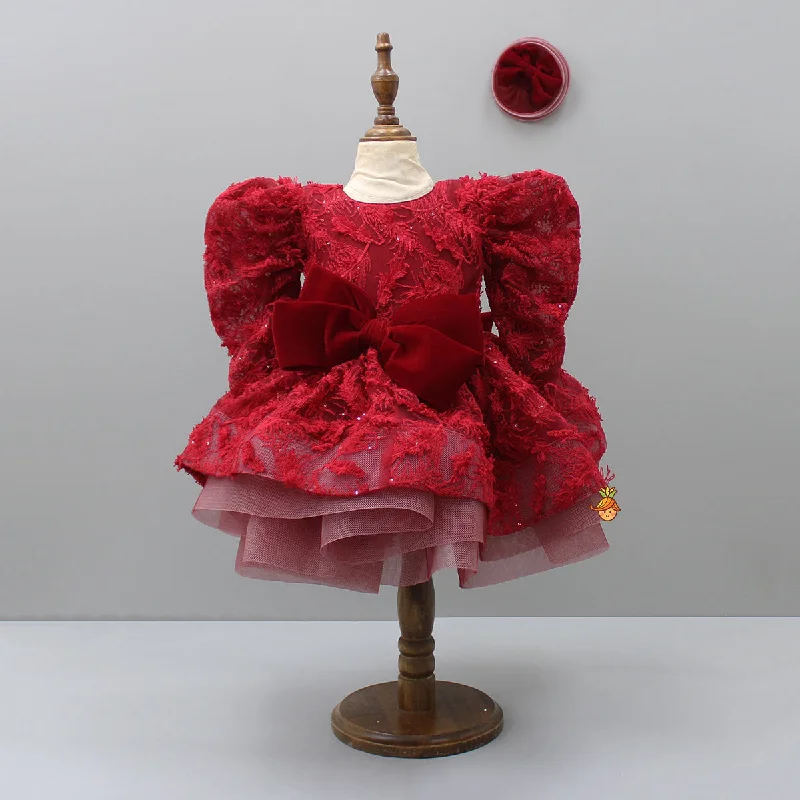 Pre Order: Red Layered Dress And Detachable Bow With Matching Swirled Hair Clip