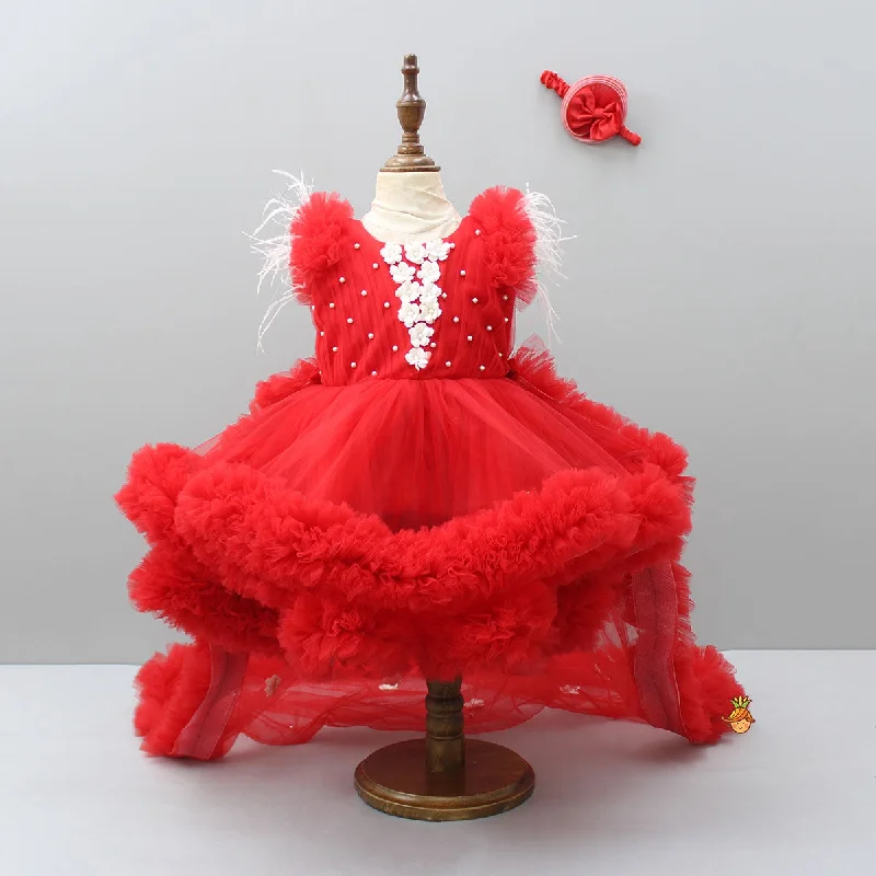 Pre Order: Red Ruffle Trail Dress With Detachable Bow And Swirled Bowie Head Band